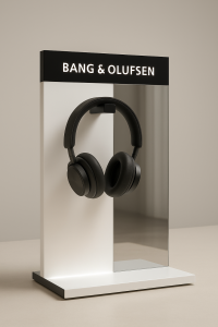 ekspozytor z plexi z lustrem i wiedzszakami na słuchawki, podświetlany, bang &olufsen
